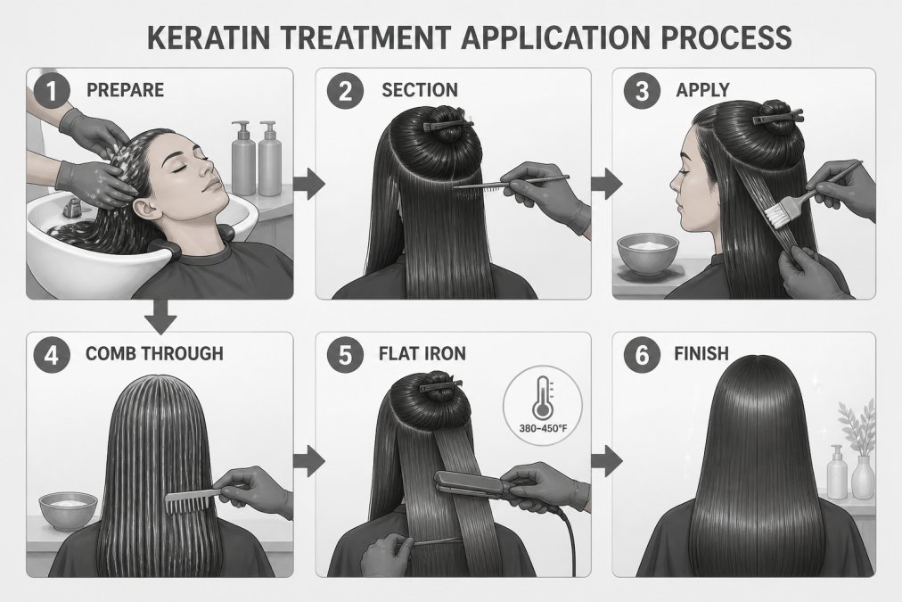 Professional stylist applying keratin treatment to client's hair in a salon setting, showing the application process with flat iron technique and careful sectioning