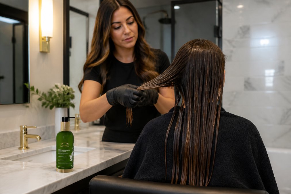 Professional demonstrating maintaining salon keratin treatment cost with premium aftercare products in modern bathroom setting, showing proper application technique and product selection