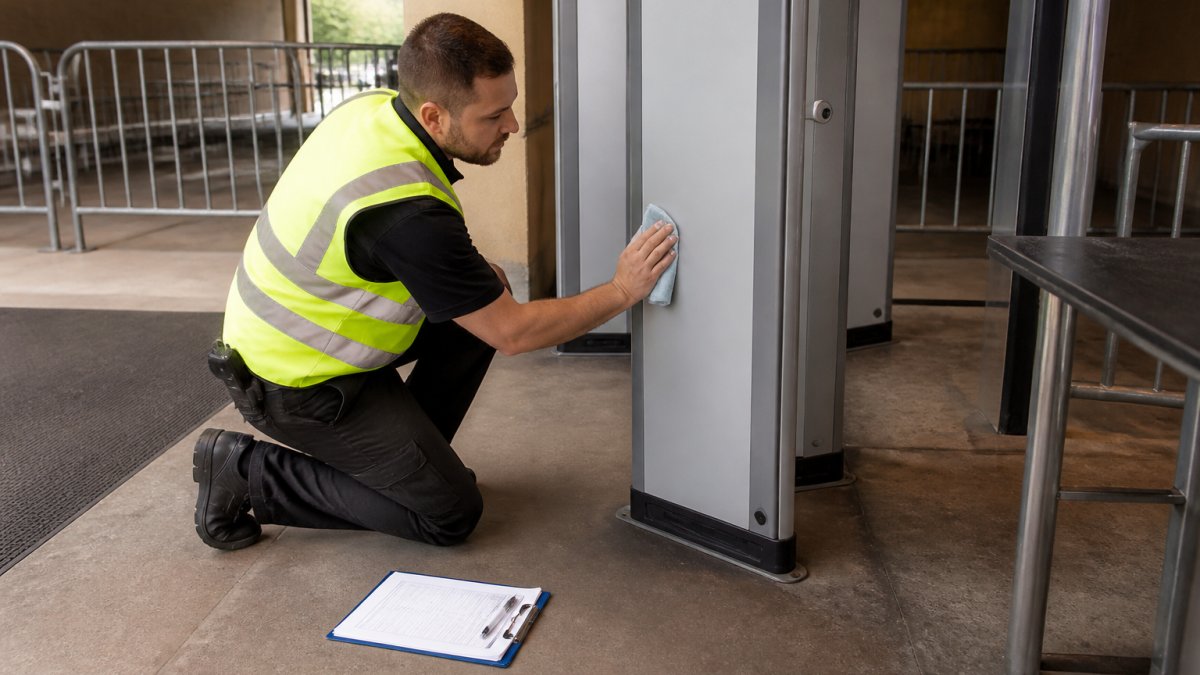 A security technician in a high-visibility vest kneeling beside a walk-through metal detector at an event venue entrance, wiping the side panel with a cloth while a clipboard of check sheets rests on the floor nearby