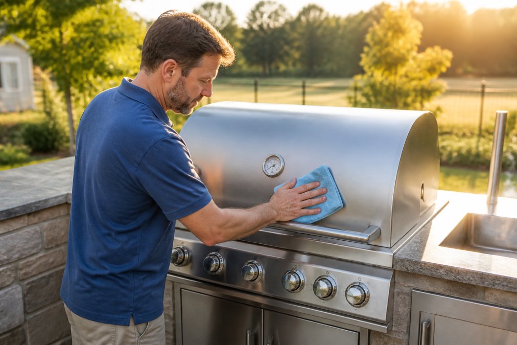 Homeowner wiping down a stainless steel outdoor grill with a microfiber cloth, demonstrating proper grain direction technique in afternoon sunlight