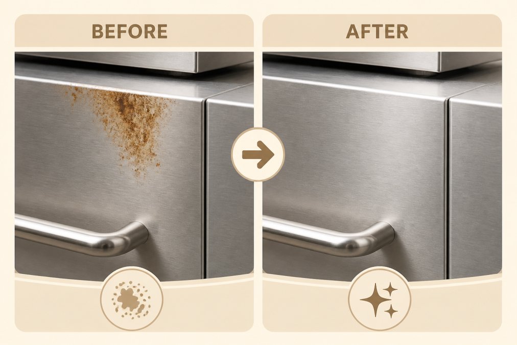Before-and-after close-up showing a rust spot on stainless steel surface and the same area after professional cleaning and treatment