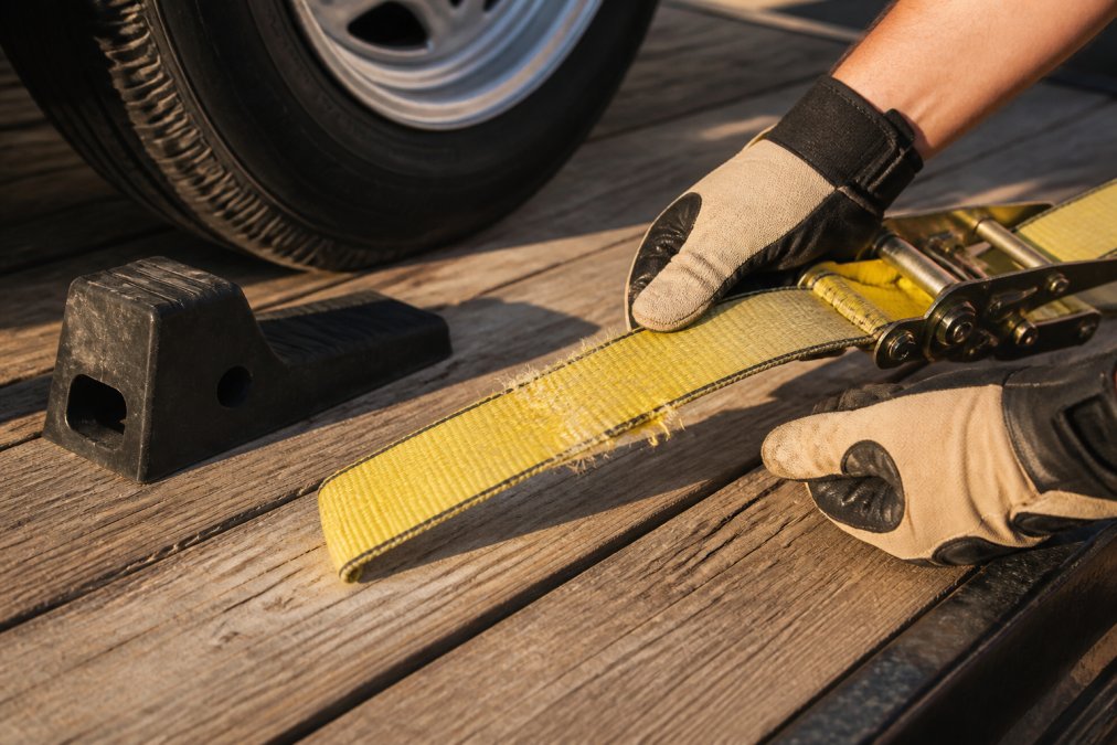 Close-up of a person's gloved hands holding a ratchet strap flat against a trailer deck, examining frayed webbing near a rubber tire stop in bright afternoon sunlight