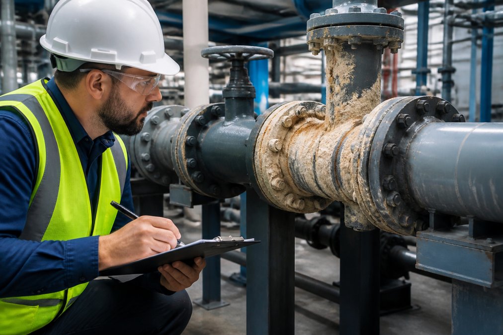 A facility manager in a hard hat and safety vest inspecting a large industrial pipe manifold, clipboard in hand, noting visible scale buildup near a valve assembly under bright workshop lighting
