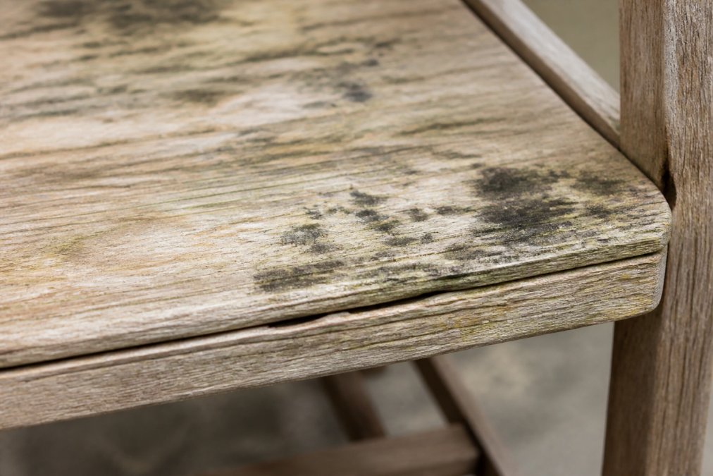 Close-up of wood furniture surface showing visible warping, swelling, and dark discoloration patches indicating moisture damage and mold growth