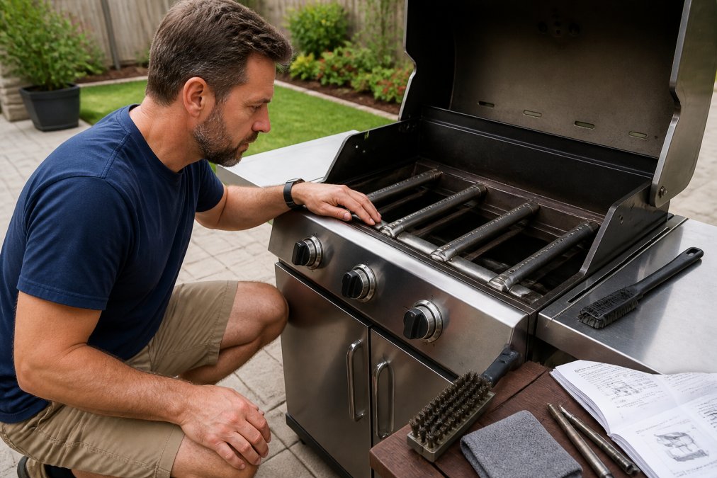 Homeowner inspecting the burner tubes of a gas grill with a brush and the owner's manual on a patio