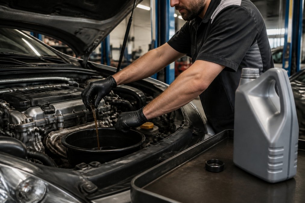 Professional technician's hands performing an oil change on a Japanese engine, with a drain pan positioned below, fresh synthetic oil container visible on the workbench, and overhead shop lighting illuminating the engine bay