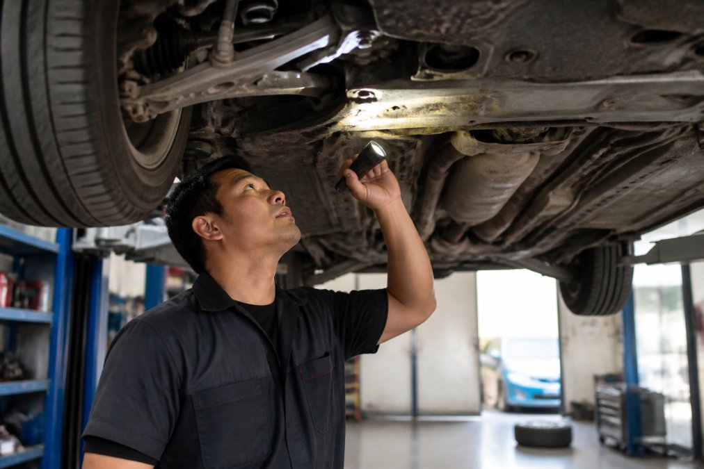 Technician using a flashlight to inspect the undercarriage of an older Japanese sedan, examining the frame and suspension components for rust damage, with the car on a lift in a well-lit repair facility
