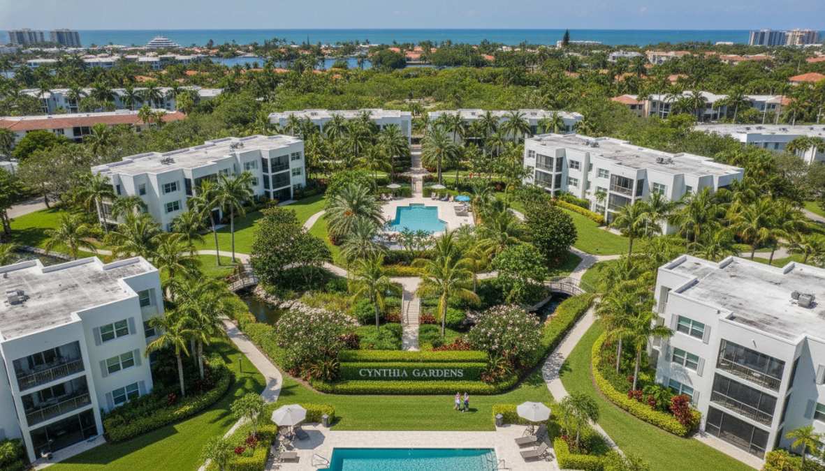 Maintenance Free Living Boca Raton: A Complete 2026 Guide 1 Aerial view of a modern garden-style residential community in Boca Raton with lush landscaping, resort-style pool, and well-maintained grounds surrounded by mature palm trees