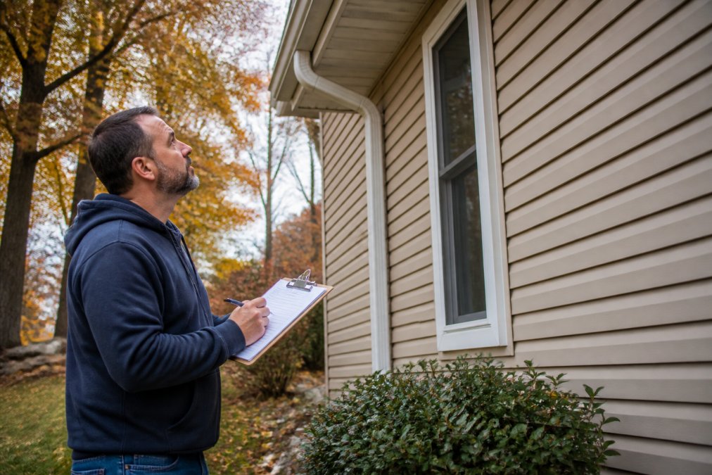 A homeowner in casual clothes inspecting a home's exterior siding and gutters on a clear autumn day, holding a clipboard with a checklist