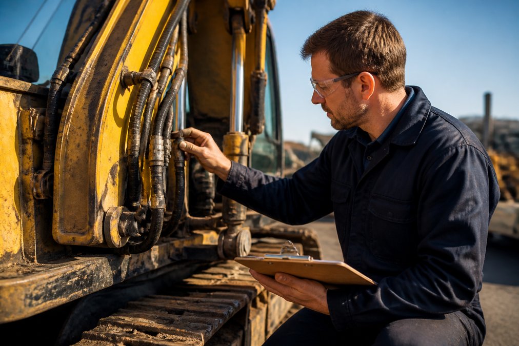 A construction equipment mechanic in work clothes and safety glasses inspecting the hydraulic hoses and fittings on an older excavator in an outdoor equipment yard, with a clipboard in hand and morning light