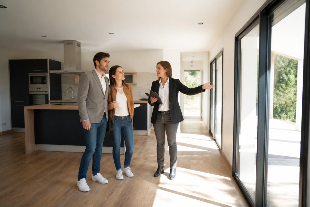 Un couple visite une maison neuve lumineuse et terminée, cuisine équipée et grandes baies vitrées, un agent immobilier présente les finitions