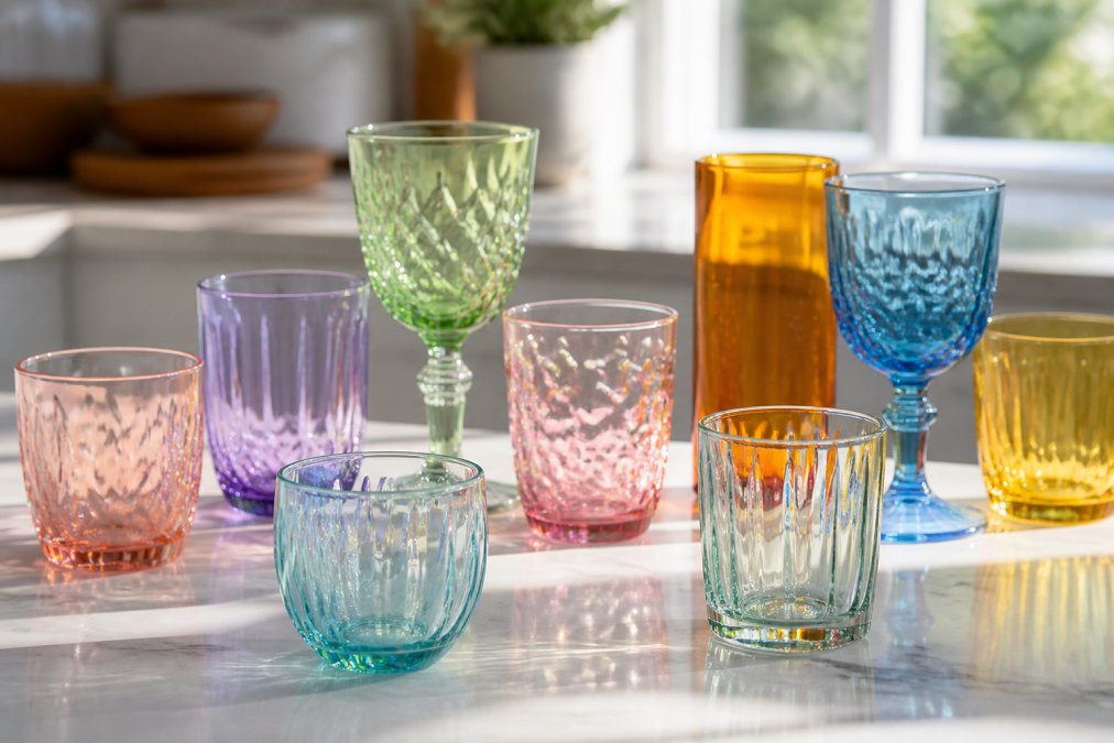 Close-up of colorful drinking glasses in jewel tones and pastels arranged on a bright kitchen counter, catching natural sunlight through windows, showing various glass shapes and heights