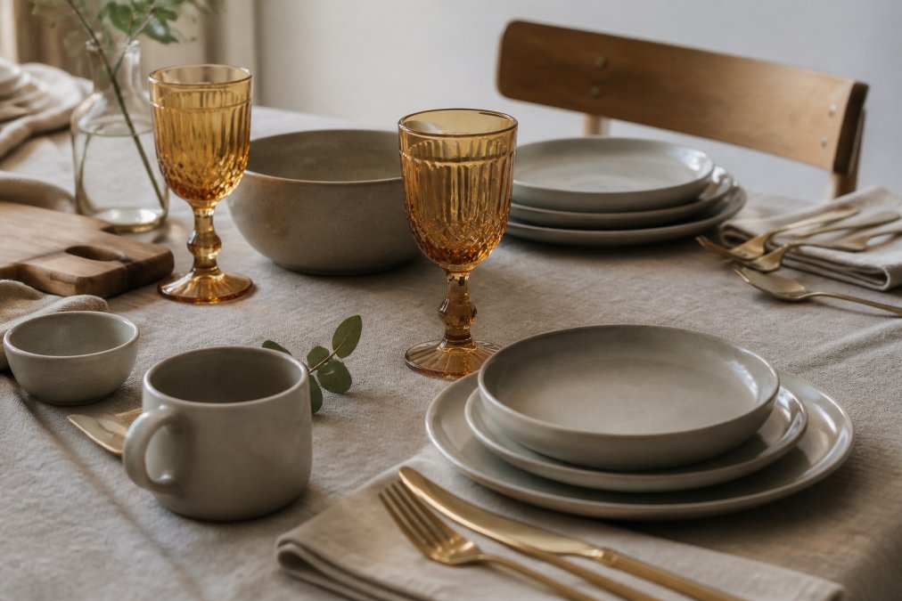 A styled dining table with translucent amber glass goblets beside matte neutral stoneware plates and a ceramic mug, soft natural window light across a linen tablecloth