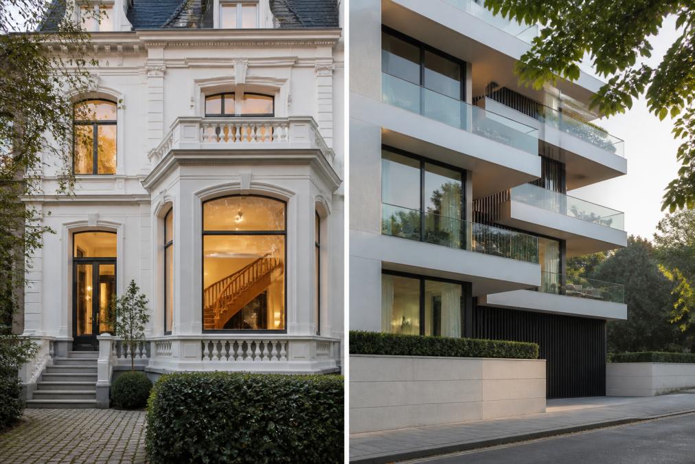 Façade élégante d'une maison de maître avec hauts plafonds, moulures décoratives blanc crème et escalier en bois noble visible par la fenêtre, lumière naturelle douce en fin d'après-midi