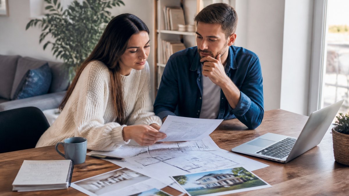 Arbre de décision illustré pour aider un couple à choisir entre une maison ou appartement lors d'un achat.