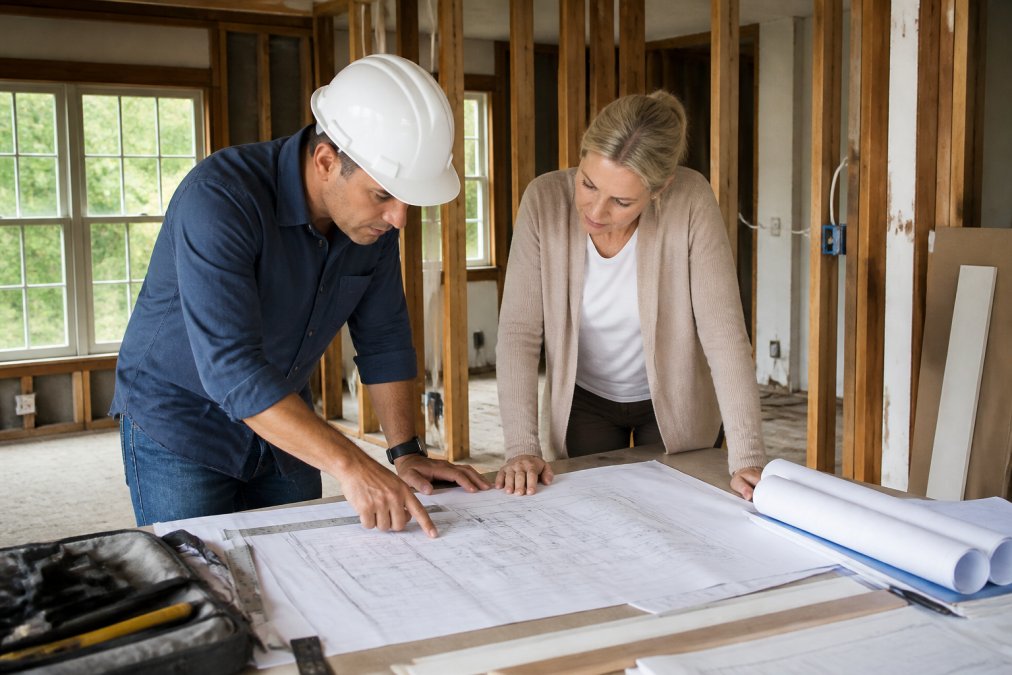 A structural engineer and homeowner reviewing blueprints and framing plans on a table inside a home under renovation, with exposed wall studs visible in the background