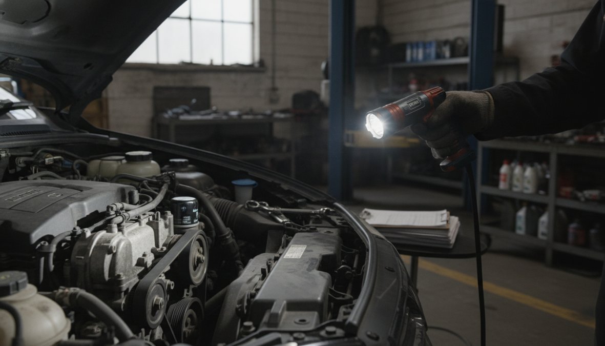 A mechanic in a clean workshop uniform performing a thorough under-bonnet inspection on a car raised on a ramp, checking engine components with a handheld torch under bright workshop lighting
