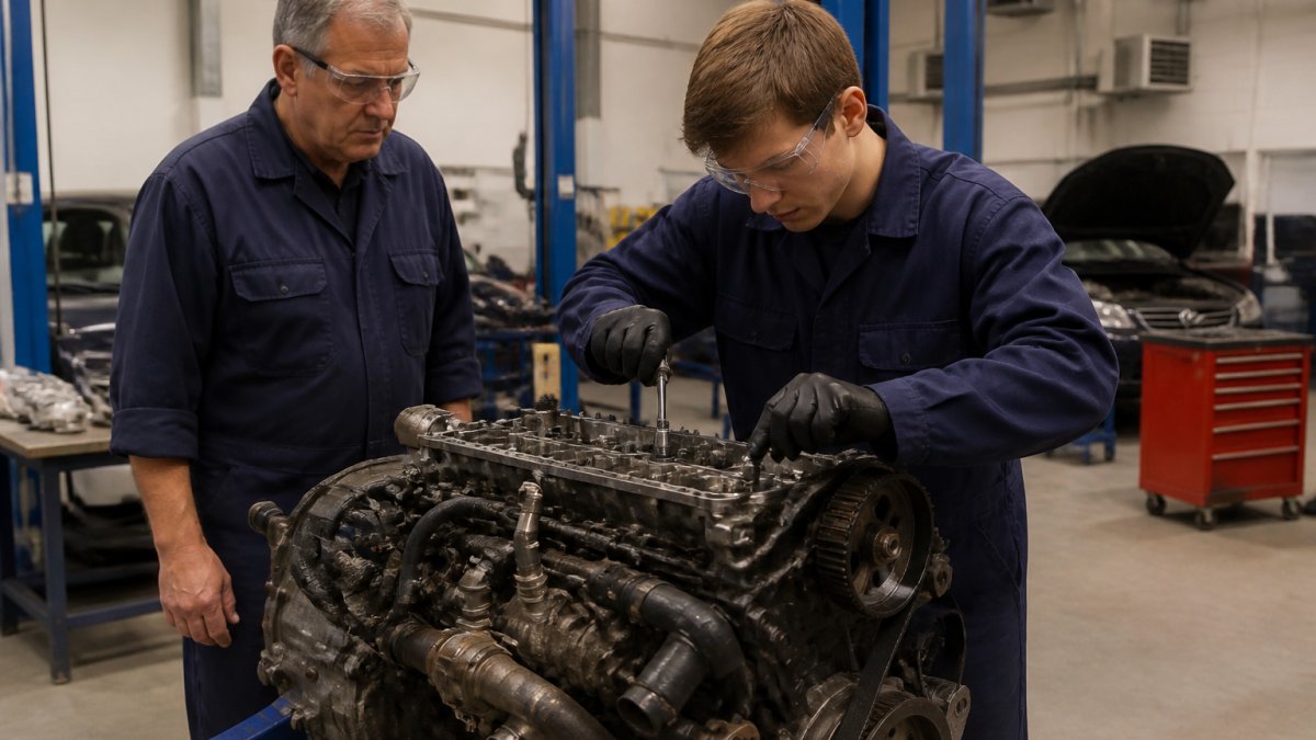 Young automotive student wearing safety gear working on an engine in a professional workshop with tools, equipment, and an experienced trainer observing nearby