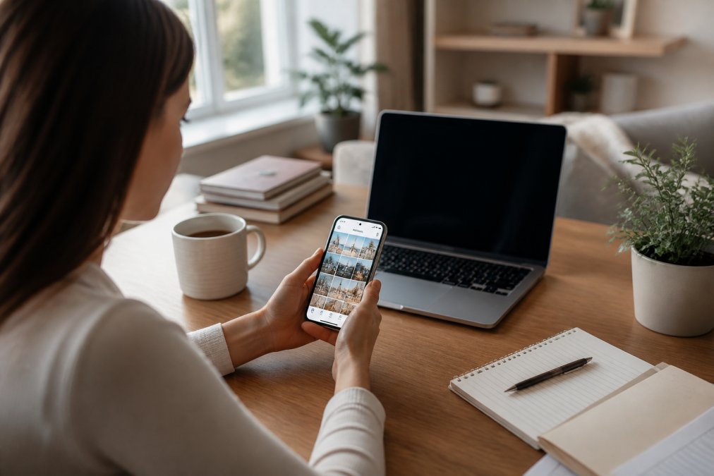 Woman holding smartphone while scrolling through Instagram feed with engagement notifications visible, sitting at desk with laptop nearby in bright home office setting