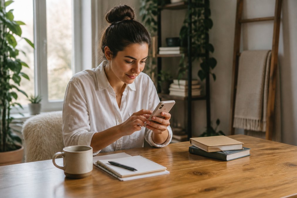 Woman reviewing Instagram analytics and planning content strategy on smartphone at home desk with notepad and coffee cup, natural morning lighting