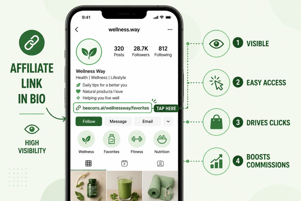 Close-up of a smartphone screen displaying Instagram with a product link and call-to-action visible in the bio area, showing how affiliate links are positioned for maximum visibility