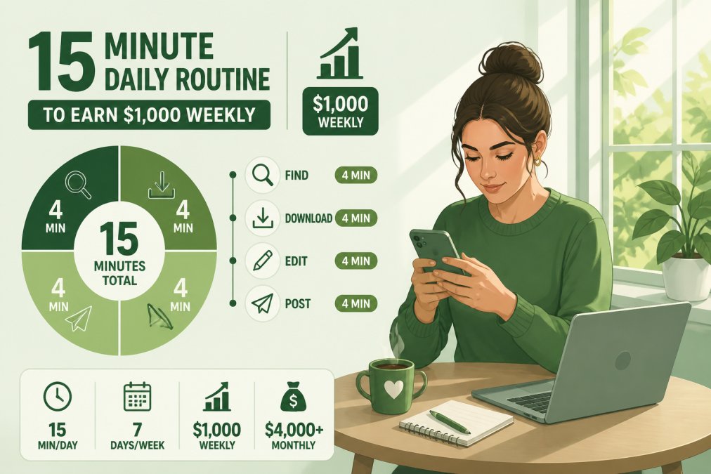 Woman working on her smartphone at a coffee table with a laptop nearby, showing the low-time-commitment setup of the daily routine with natural morning light streaming through the window