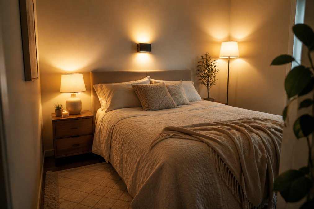 Cosy small bedroom with warm layered lighting from bedside lamp, corner floor lamp, and soft wall sconce above headboard, creating intimate pools of light in neutral tones