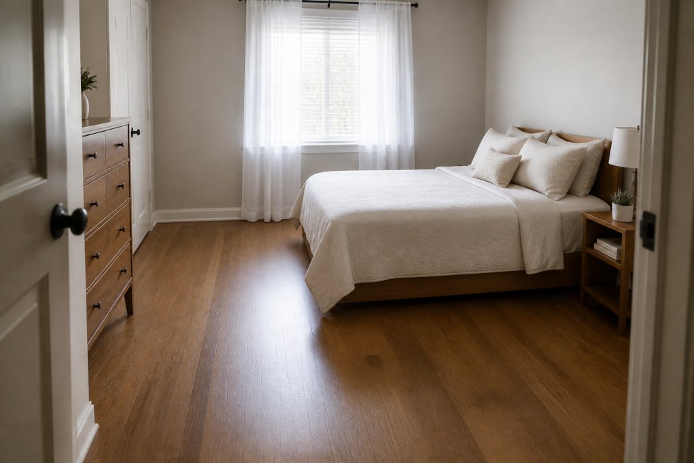 Compact bedroom with low-profile bed positioned against the longest wall, clear floor space in the centre, minimal nightstand with open legs, and unobstructed sightlines from doorway
