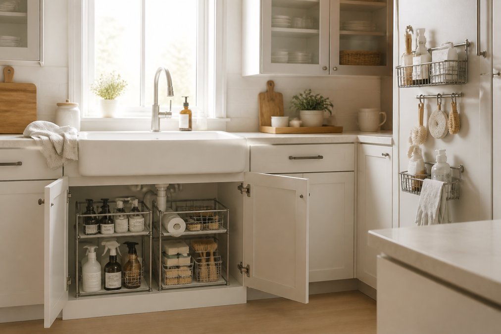 Bright, minimalist small kitchen with clean countertops, organized under-sink area with tiered metal storage, natural light from window above sink, glass-front cabinet displaying organized items, and wall-mounted hanging organizer on cabinet doors
