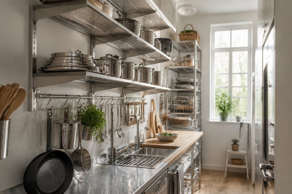 Compact kitchen with floor-to-ceiling wall-mounted metal storage shelves and hanging organizers holding pots, pans, and kitchen essentials, demonstrating vertical space use with clean, minimalist aesthetic and natural light