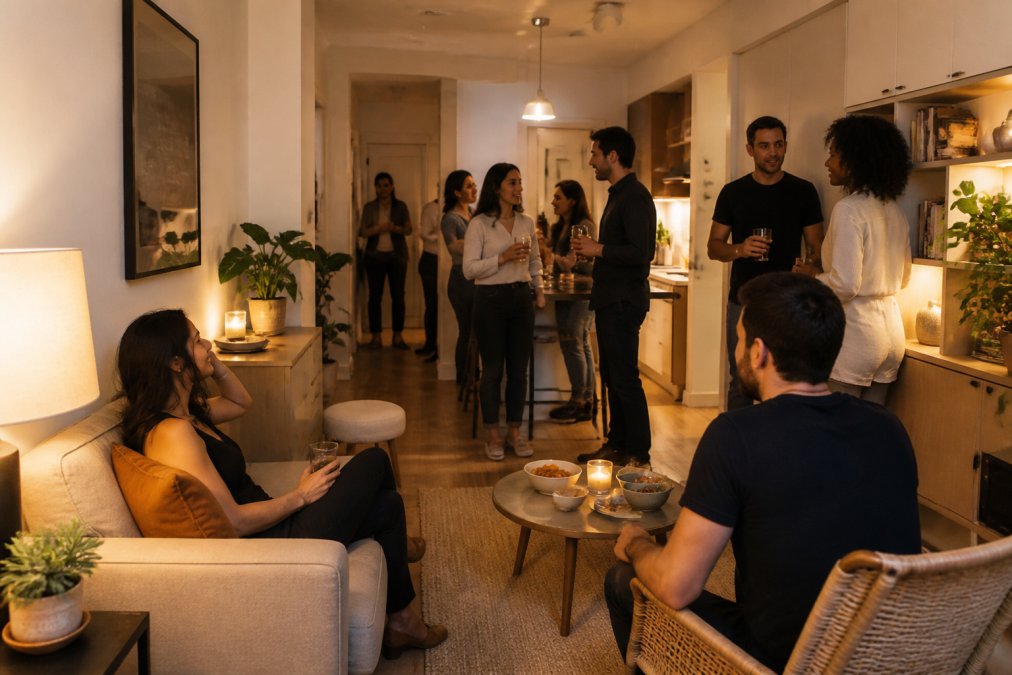Compact living room set up for entertaining with guests mingling, featuring multi-functional furniture arranged along walls, clear traffic paths through the centre, and an open-concept feel with minimal visual clutter and warm ambient lighting