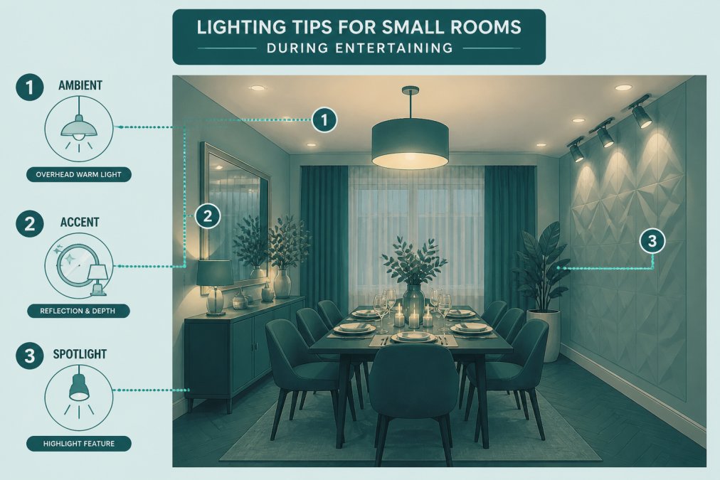 Small dining space illuminated with layered lighting, warm ambient lights overhead, accent lighting near mirrors creating reflections, and strategic spotlighting on a feature wall, all combining to create depth and an inviting atmosphere for a dinner party