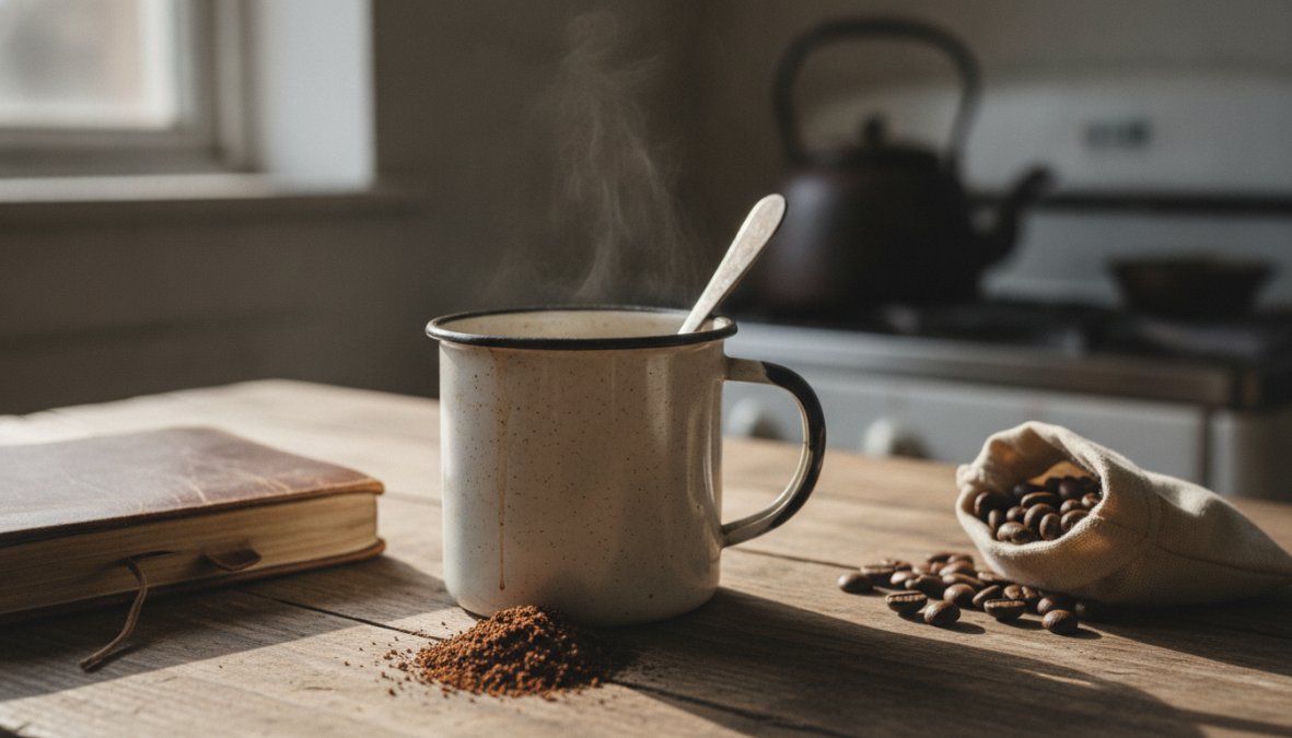 Close-up of a camping pot with coffee grounds settling at the bottom, steam rising from the surface, held over a stovetop with warm flames