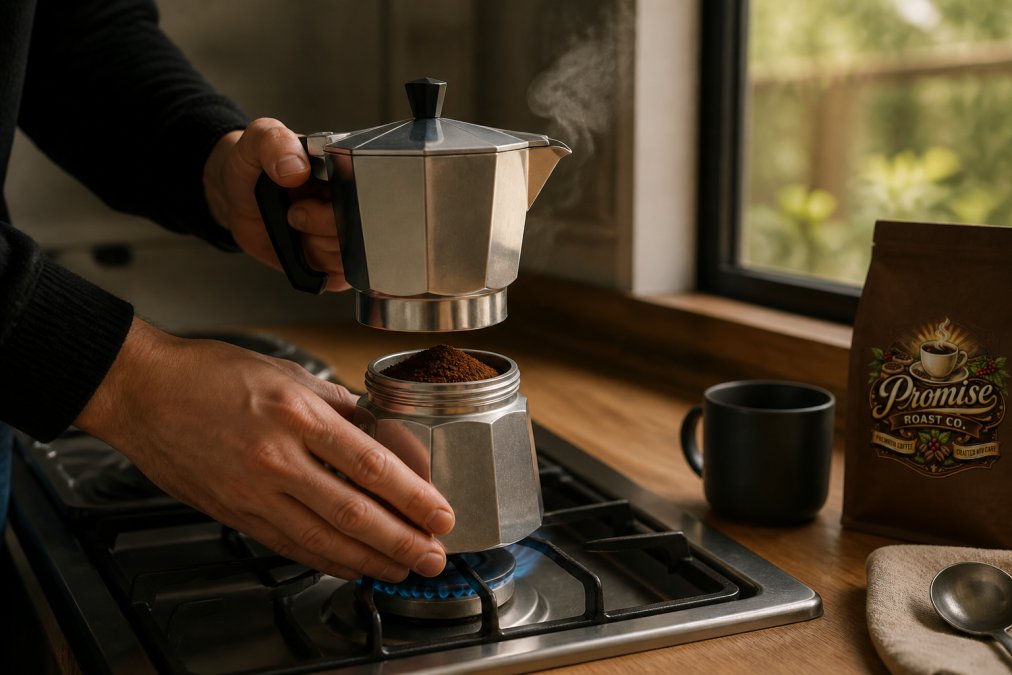 Close-up of hands assembling a Moka pot on a stovetop, showing the three chambers stacked together with finely ground coffee visible in the filter basket, steam rising from the spout as water heats below