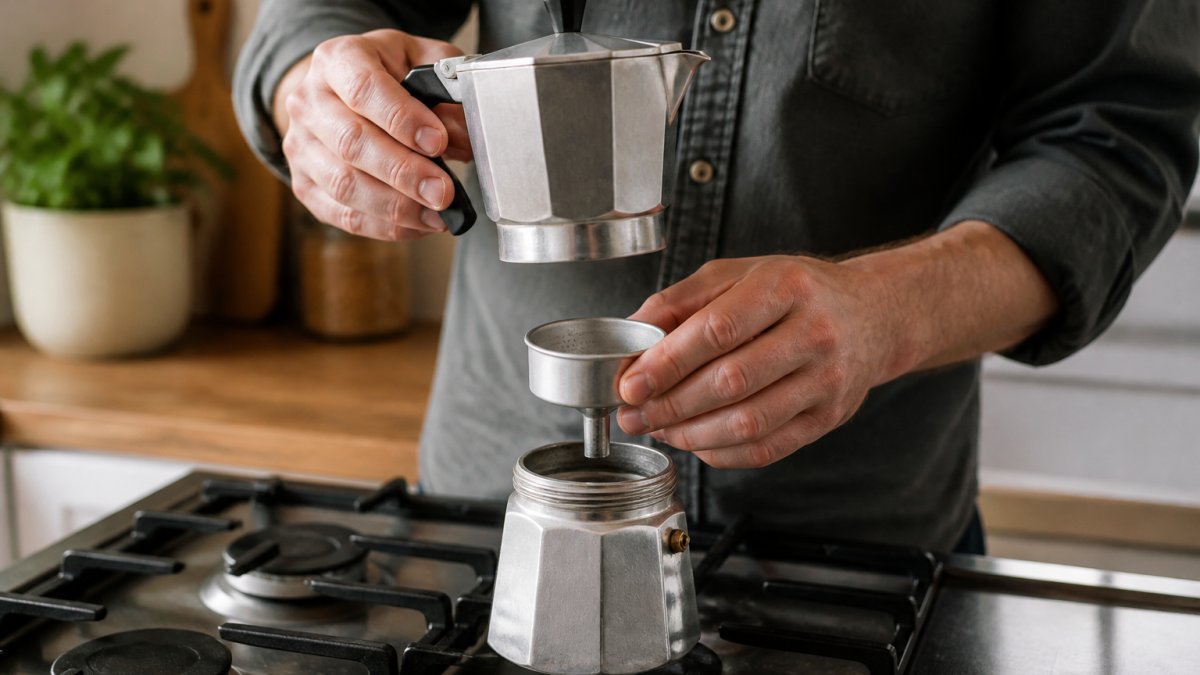 Close-up of hands assembling a Moka pot on a stovetop, showing the water chamber, filter basket, and collection chamber being stacked together with natural kitchen lighting