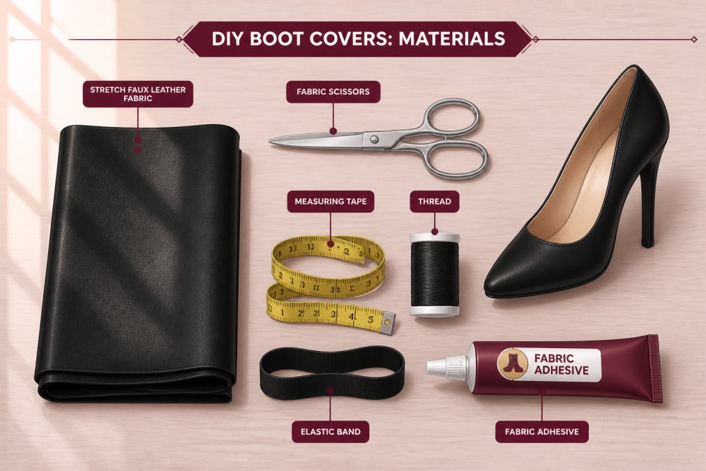 Flat lay on a warm wooden table showing DIY boot cover materials: a piece of black stretch faux leather fabric, silver fabric scissors, a yellow measuring tape coiled loosely, a spool of black thread, a strip of elastic band, a tube of fabric adhesive, and a black stiletto heel shoe placed to the right, all arranged neatly under soft natural window light