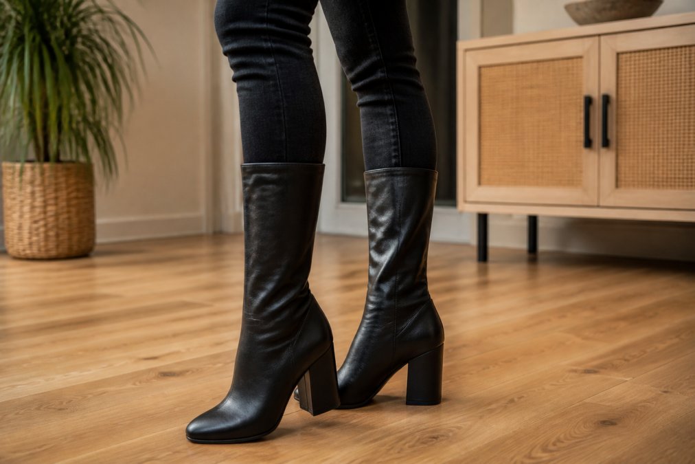 Woman's legs from mid-thigh down wearing a sleek black boot sleeve pulled over a block heel shoe, paired with dark fitted jeans, standing on a light hardwood floor in warm indoor lighting, the sleeve creating a smooth, seamless boot-like silhouette from calf to ankle