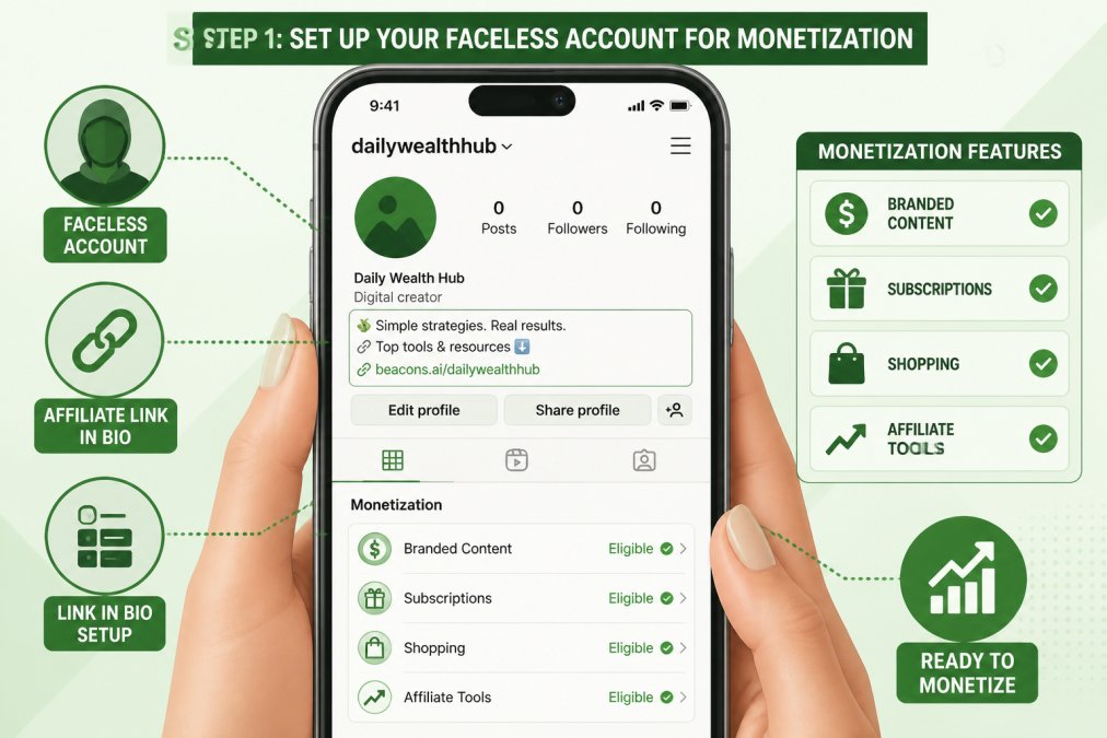 Close-up of smartphone screen showing Instagram account settings with monetization features and affiliate link setup visible in bio section, hands holding phone