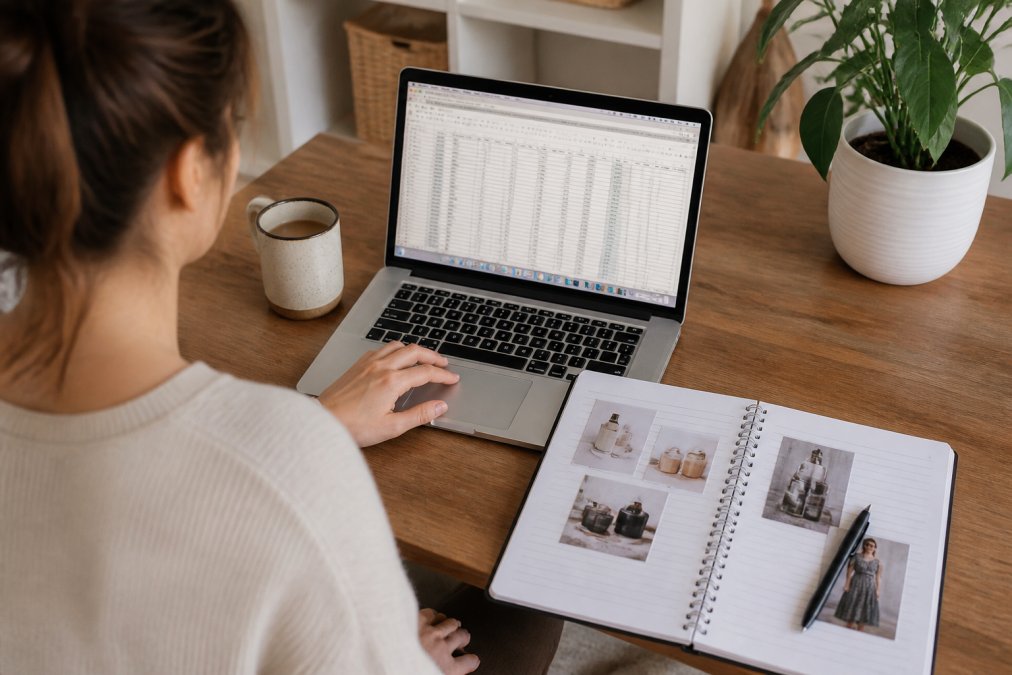 Person at desk with laptop displaying affiliate commission dashboard and tracking spreadsheet, notebook with product recommendations, coffee cup nearby