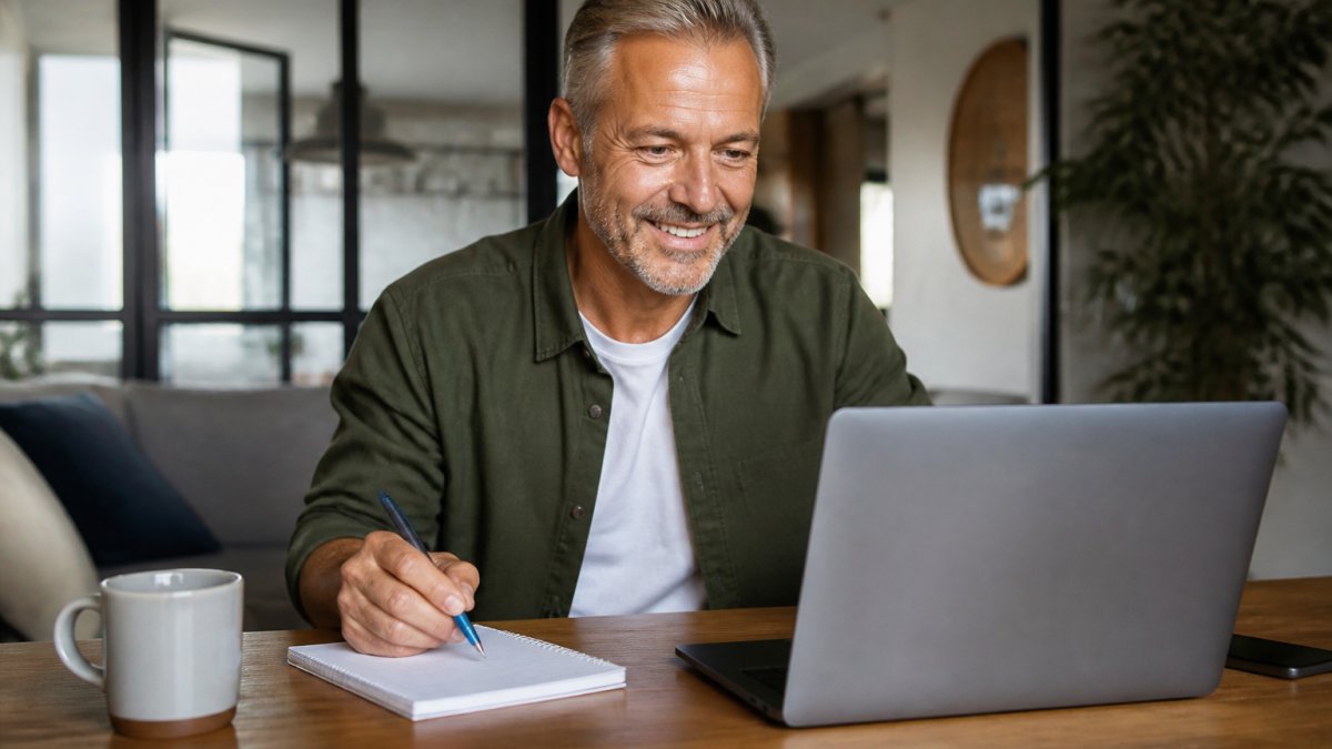 Person in their 50s sitting at a home desk with a laptop, notepad, and coffee cup, smiling with confidence while working on an online income project