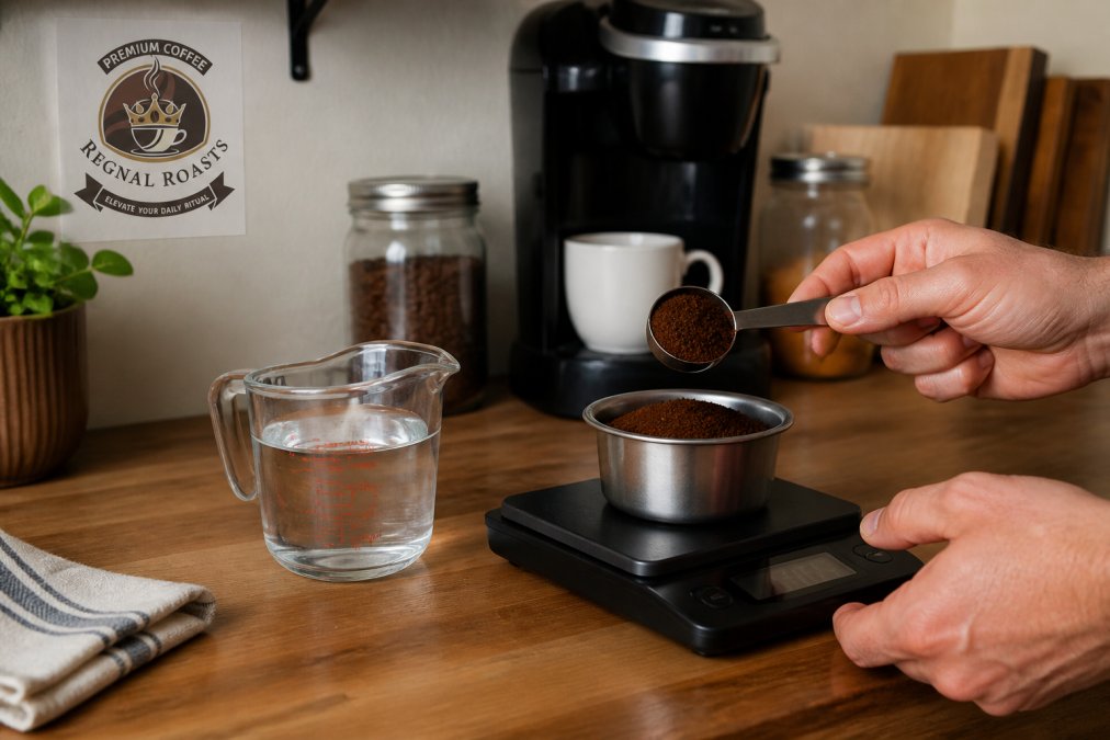 Close-up of hands measuring coffee grounds on a digital scale next to a measuring cup filled with water, with a single-serve machine visible in the background on a kitchen counter