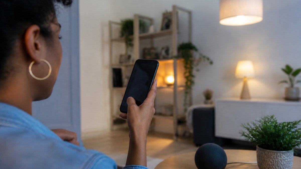 A person holding a smartphone with a smart home app open, standing in a living room with a smart speaker and smart lights visible in the background