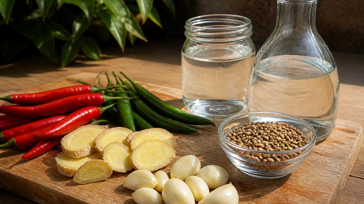 Close-up of fresh red and green chillies, sliced ginger, peeled garlic cloves, and whole coriander seeds arranged on a wooden cutting board next to a clear glass bottle and jar of white vinegar in natural sunlight