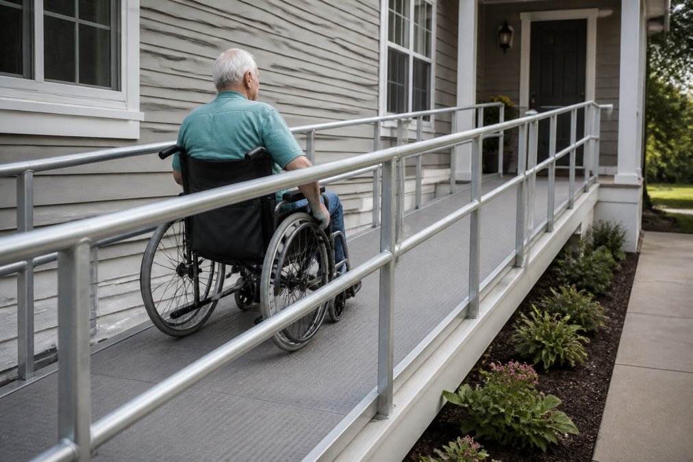 Senior in wheelchair ascending a properly graded residential ramp with non-slip surface and handrails on both sides in a modern accessible home entryway