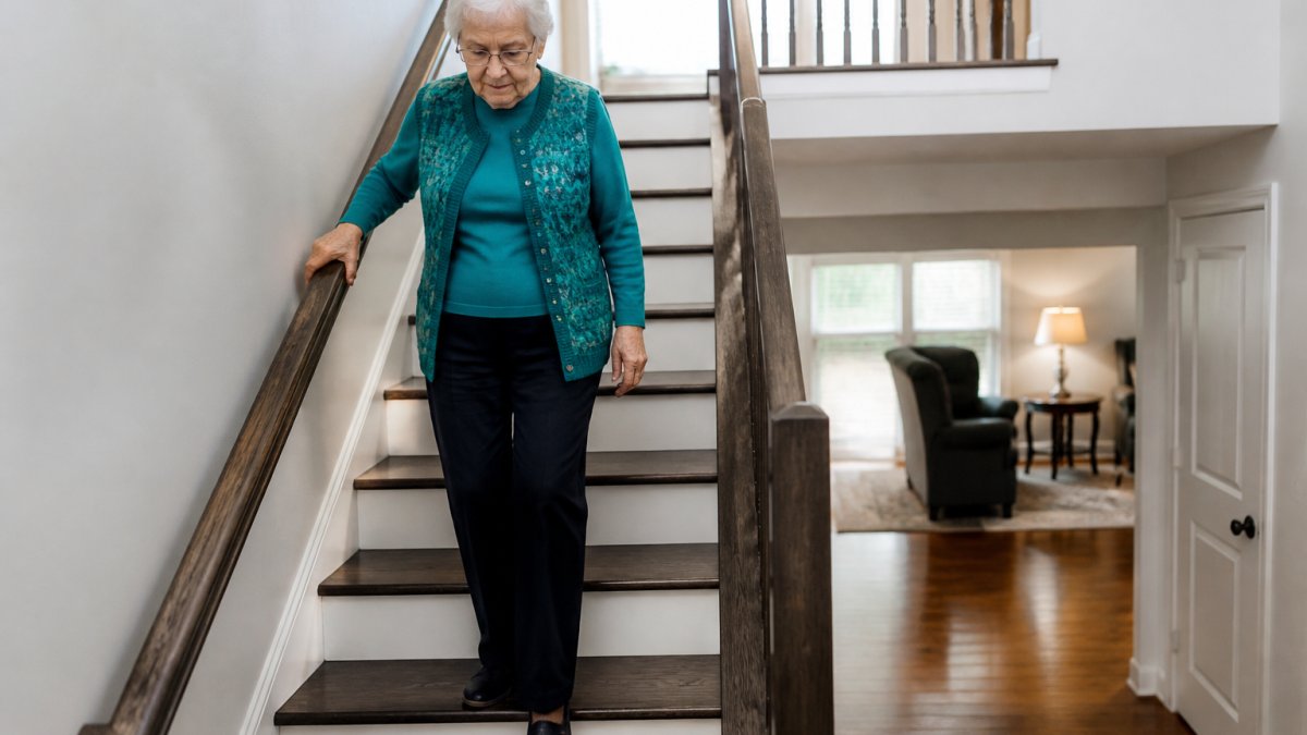 Senior person using handrails while descending stairs in a well-lit split-level home with neutral-colored walls and clear step edges
