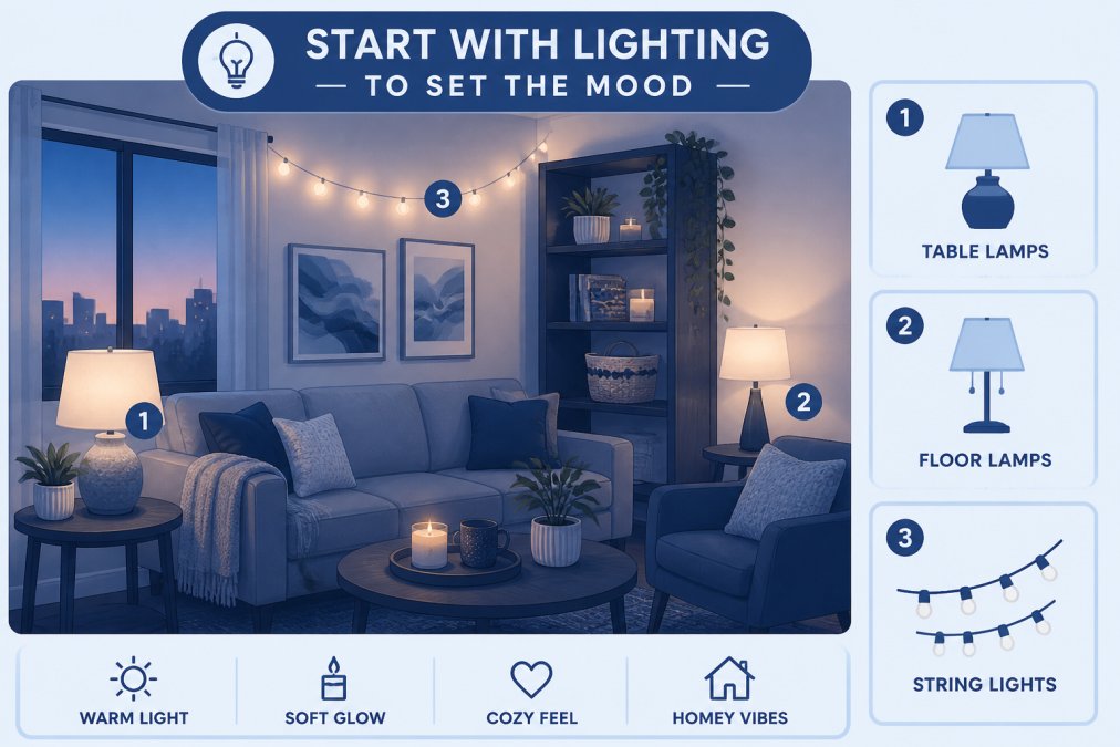 Cozy apartment living room at dusk with warm soft lighting from table lamps and string lights creating an inviting, comfortable atmosphere with comfortable seating