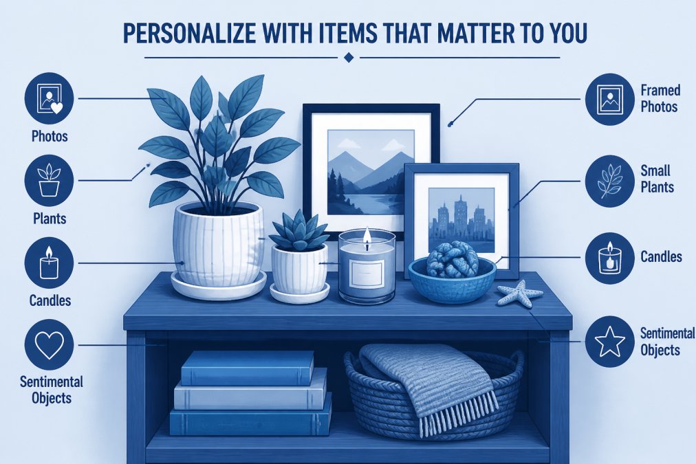 Shelf or side table displaying framed photos, small plants, candles, and sentimental objects arranged thoughtfully to show personal character and warmth