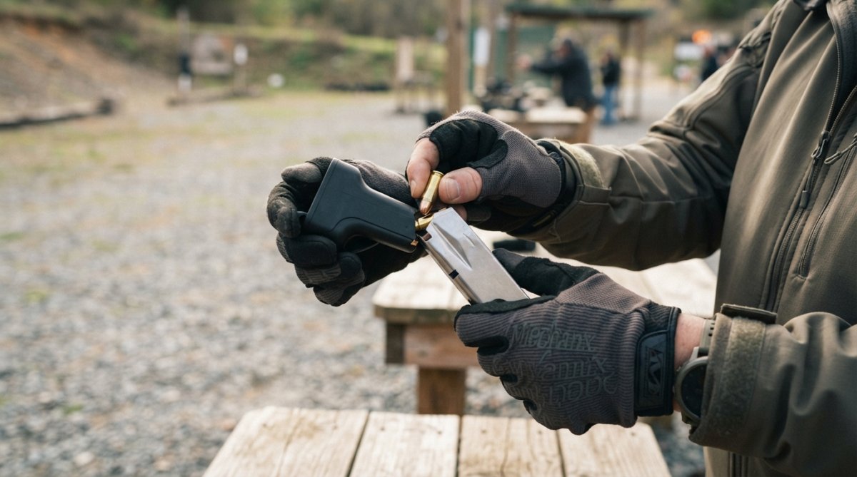 Professional shooter demonstrating proper hand positioning with speed loader and pistol magazine at outdoor range, natural daylight, close-up of hands showing correct grip and insertion angle
