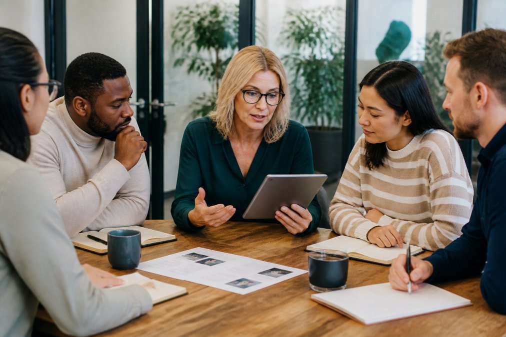 Learning and development manager leading a discussion with team members around a conference table, reviewing training programme options on a tablet