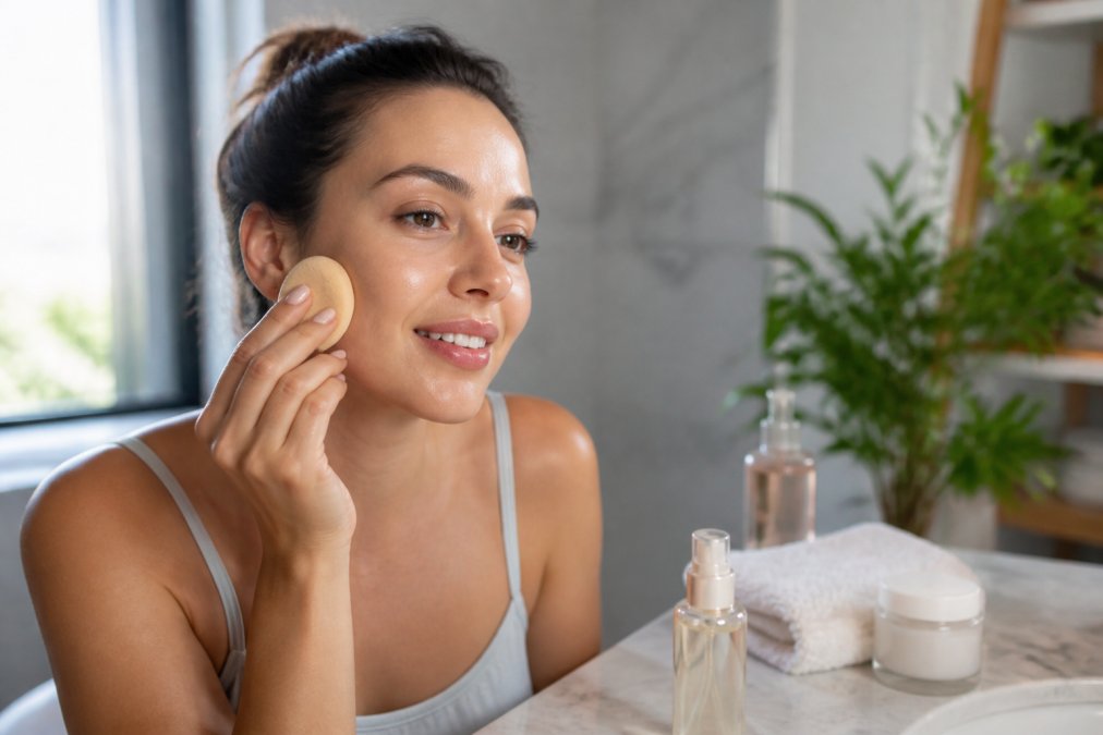 A close-up of a woman with a clean, moisturized face gently pressing a damp makeup sponge against her cheek, soft natural light coming from a window, skincare products and a towel on a marble countertop nearby